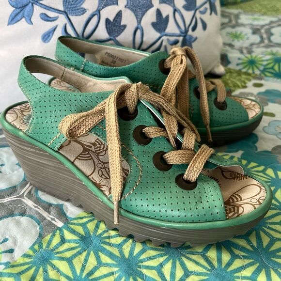 FLY LONDON Lace Up Wedge Open Toe Shoe (Dark Mint Green) - Picture 8 of 10